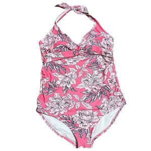 Isabel Maternity Pink Floral Halter Top Cinched Bust Full Piece Bathing Suit